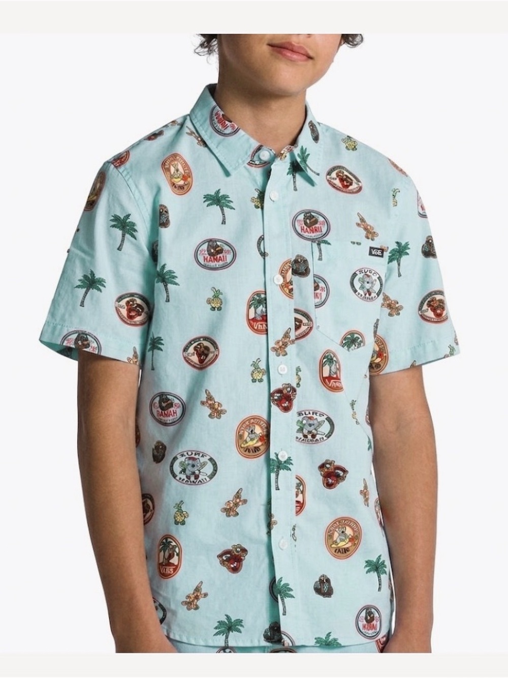 Vans Boys "Off The Wall" Surf & Hawaii Badges Button-Down Shirt Youth Size L